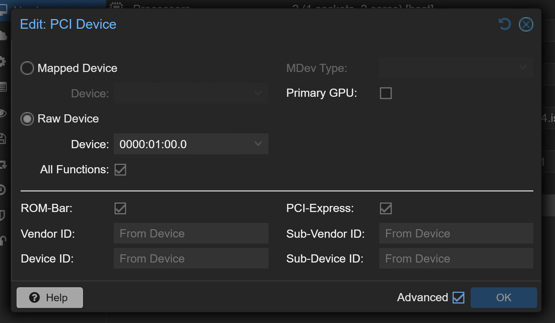 Proxmox — діалог Add PCI Device з виставленими прапорцями All Functions, ROM-Bar, PCI-Express /2026/05/09/ollama-open-webui-na-proxmox-z-gpu/images/proxmox-add-pci-device.png
